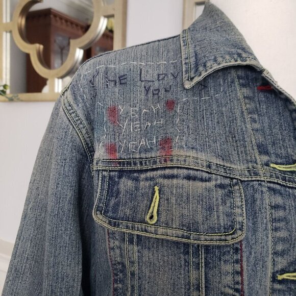 Vintage MED Denim Jean Biker Jacket UK Flag Rock & Roll Boho Retro Indie Grunge - Picture 10 of 16